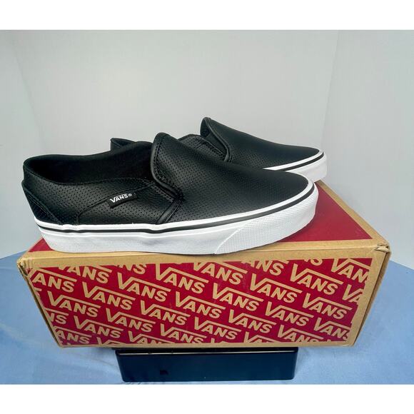 NEW VANS Classic Slip-On Perforated Black Leather Shoes - Men’s 5 / Women's 6.5 - Picture 1 of 4